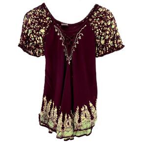 Whimsigoth Fairy Goblincore Size S Blouse Embroidered Boho Tunic Top Purple